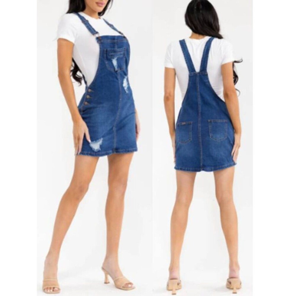 Women's Distressed Denim Mini Overall Skirt Soft Stretch Cotton Adjustable Strap